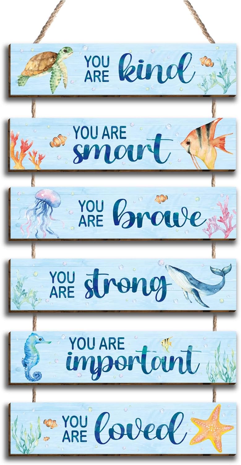 Kadiak 6 Pcs Ocean Decor Kids Room Placards of Wood Decor, Watercolor Ocean Inspirational Positive Quotes Works of art of Wood Wall Art Hanging Sign for Teens Children Bedroom Princess Toddler Room - Image 1
